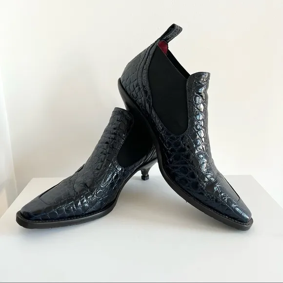 Sies Marjan navy croc embossed kitten heel booties