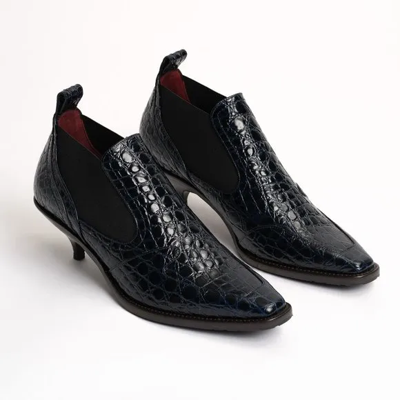 Sies Marjan navy croc embossed kitten heel booties
