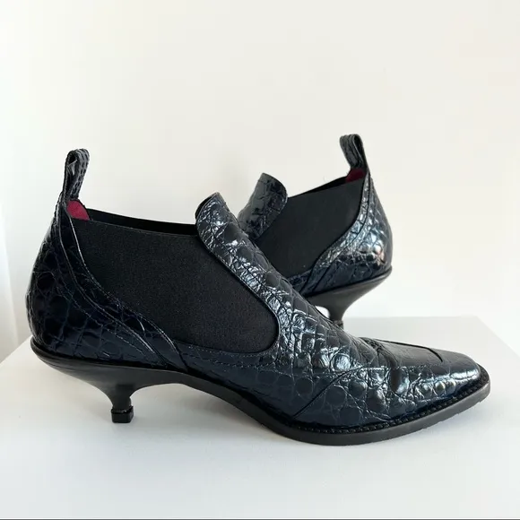 Sies Marjan navy croc embossed kitten heel booties