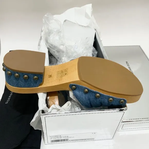 Sigerson Morrison Abel Blue Denim Slides Stud Clogs Sandals Wooden Platform Mule