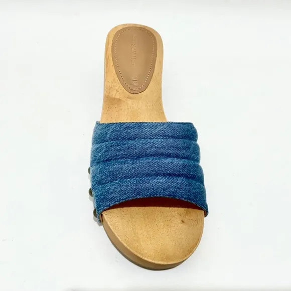 Sigerson Morrison Abel Blue Denim Slides Stud Clogs Sandals Wooden Platform Mule