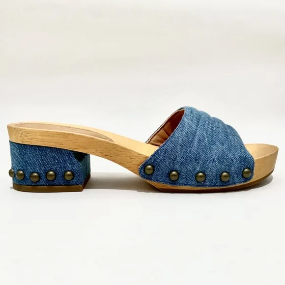 Sigerson Morrison Abel Blue Denim Slides Stud Clogs Sandals Wooden Platform Mule
