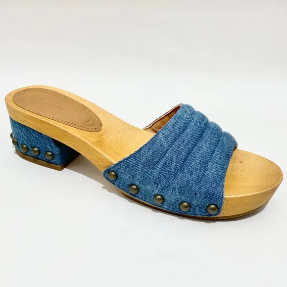 Sigerson Morrison Abel Blue Denim Slides Stud Clogs Sandals Wooden Platform Mule