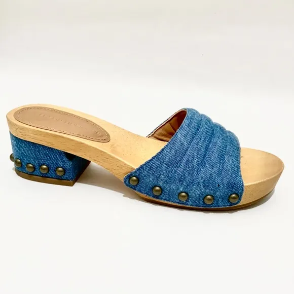 Sigerson Morrison Abel Blue Denim Slides Stud Clogs Sandals Wooden Platform Mule