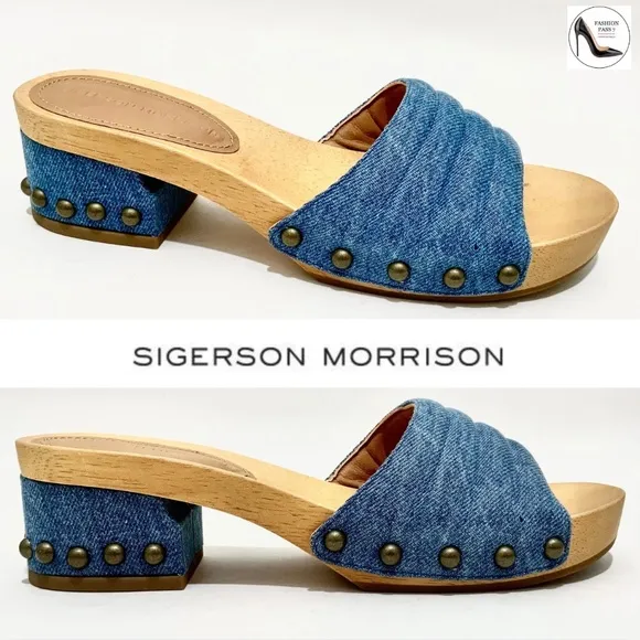 Sigerson Morrison Abel Blue Denim Slides Stud Clogs Sandals Wooden Platform Mule