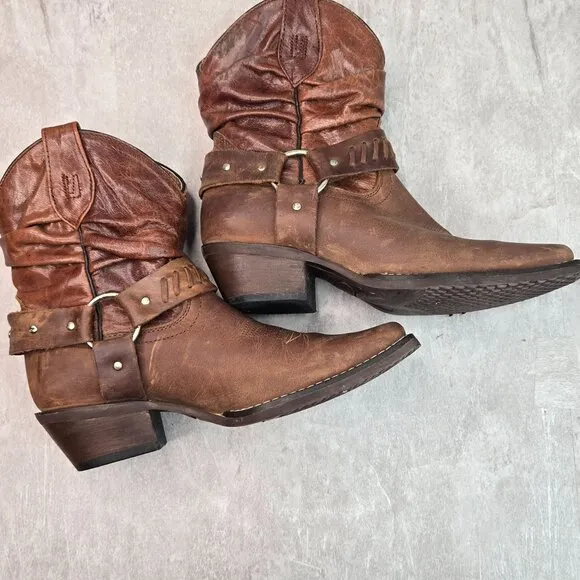Slouchy Harness Western Ankle Booties Brown Leather Square Toe Low Heel Boots