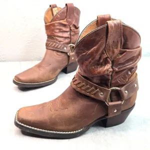 Slouchy Harness Western Ankle Booties Brown Leather Square Toe Low Heel Boots