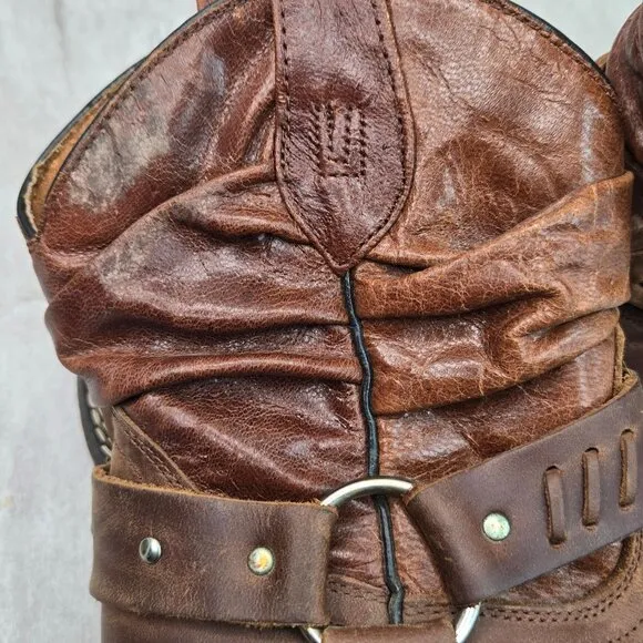 Slouchy Harness Western Ankle Booties Brown Leather Square Toe Low Heel Boots