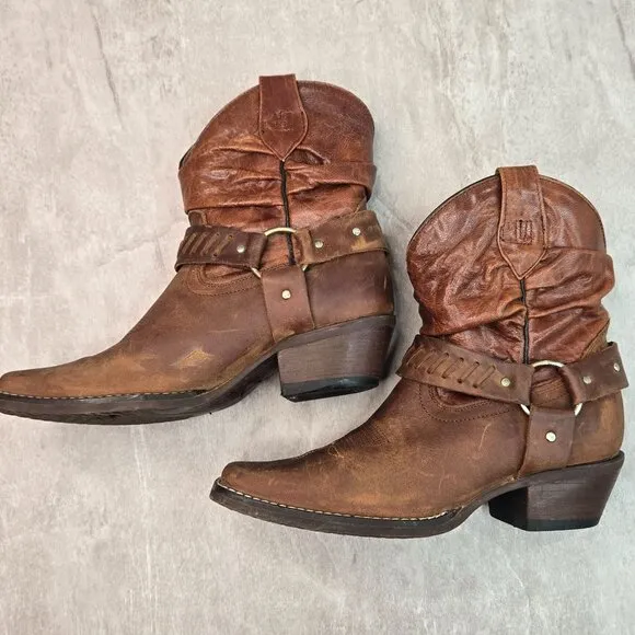 Slouchy Harness Western Ankle Booties Brown Leather Square Toe Low Heel Boots