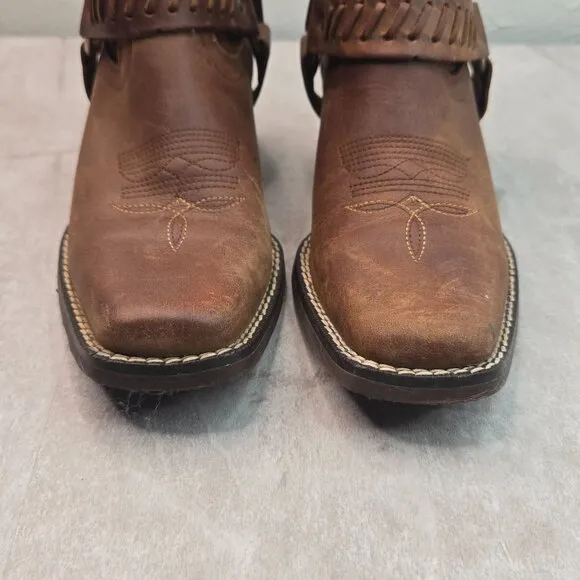 Slouchy Harness Western Ankle Booties Brown Leather Square Toe Low Heel Boots