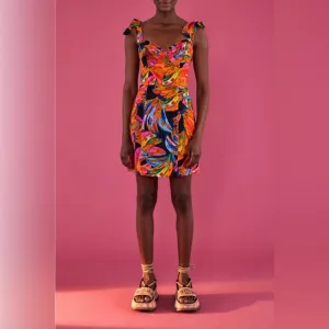 Small FARM Rio Bananas Rainbow Short Dress in Linen