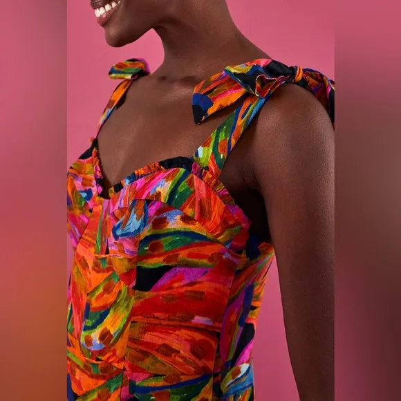 Small FARM Rio Bananas Rainbow Short Dress in Linen