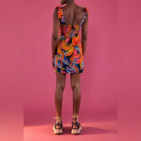 Small FARM Rio Bananas Rainbow Short Dress in Linen