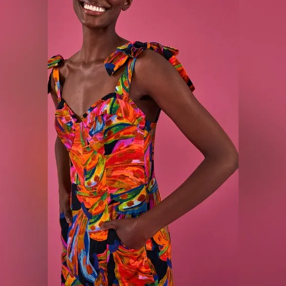 Small FARM Rio Bananas Rainbow Short Dress in Linen
