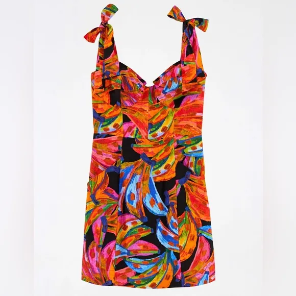 Small FARM Rio Bananas Rainbow Short Dress in Linen
