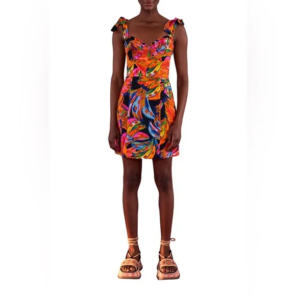 Small FARM Rio Bananas Rainbow Short Dress in Linen