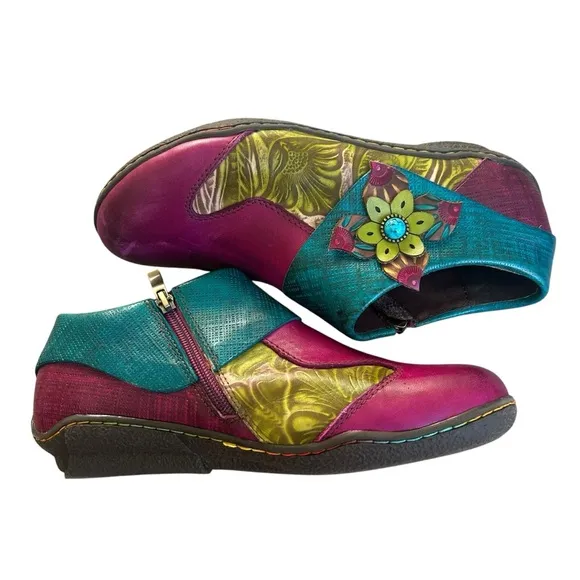 Socofy purple leather multicolor ankle boots size 42/9.5 fairy bohemian booties