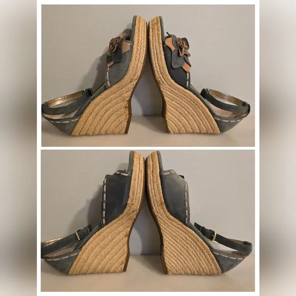 SOFFT ESPADRILLE PLATFORM WEDGE OPEN TOE GRAY LEATHER SANDALS Flower applique 10