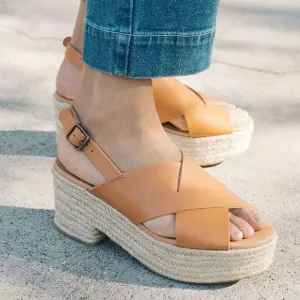 Soludos Amalfi Criss-Cross tan leather platform espadrille sandals size 9.5