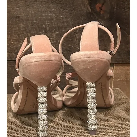 Sophia Webster Pink Velvet Sandal Stiletto Crystal Heel Shoes Women's 37…