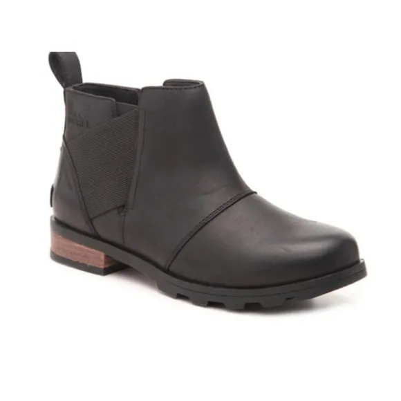 Sorel Black Leather Emelie Ankle Boots Chelsea Pull On Comfort Casual Size 8