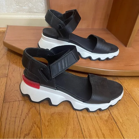 Sorel Black Leather Platform Kinetic Impact Ankle Strap Sandals Sz:8.5 M US/39.5
