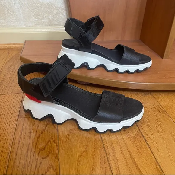 Sorel Black Leather Platform Kinetic Impact Ankle Strap Sandals Sz:8.5 M US/39.5
