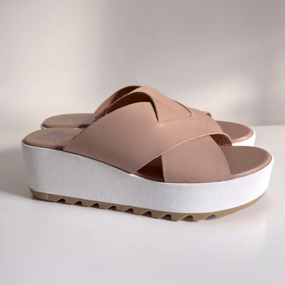SOREL Cameron Flatform Platform Wedge Criss Cross Nude Leather Slide Sandals 8.5
