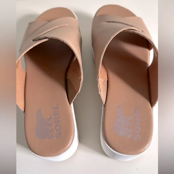 SOREL Cameron Flatform Platform Wedge Criss Cross Nude Leather Slide Sandals 8.5
