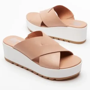 SOREL Cameron Flatform Platform Wedge Criss Cross Nude Leather Slide Sandals 8.5