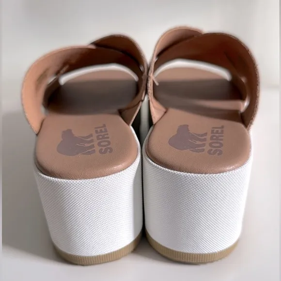 SOREL Cameron Flatform Platform Wedge Criss Cross Nude Leather Slide Sandals 8.5