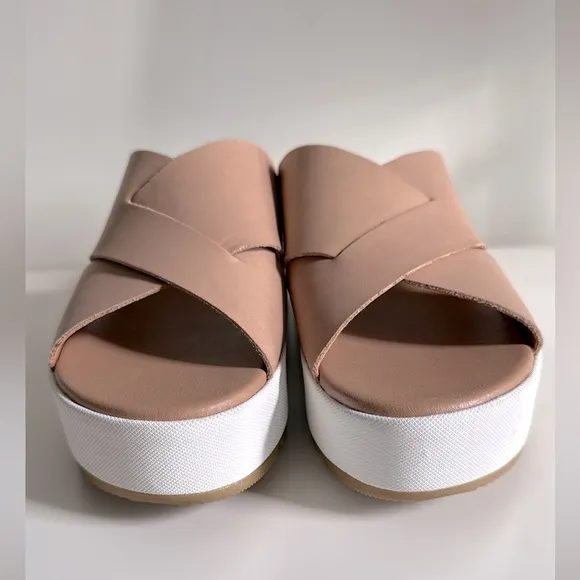 SOREL Cameron Flatform Platform Wedge Criss Cross Nude Leather Slide Sandals 8.5