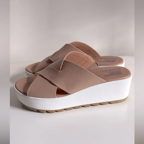 SOREL Cameron Flatform Platform Wedge Criss Cross Nude Leather Slide Sandals 8.5