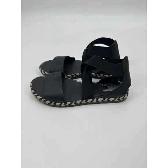 Sorel Ella II Black Sandal Espadrille Size 7.5 Elastic Straps