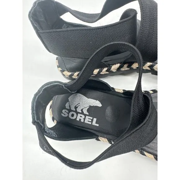 Sorel Ella II Black Sandal Espadrille Size 7.5 Elastic Straps