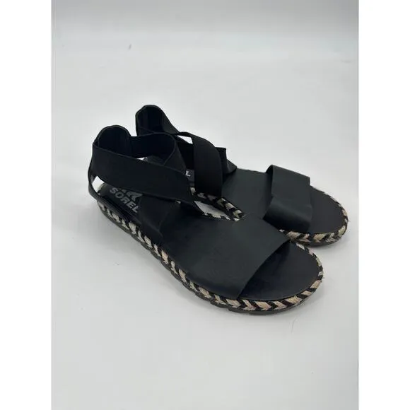 Sorel Ella II Black Sandal Espadrille Size 7.5 Elastic Straps