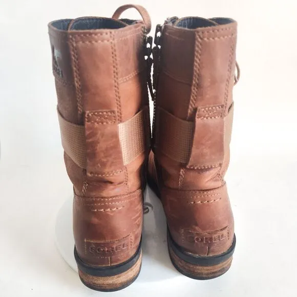 Sorel Emilie Conquest Lace Up Combat Boots Velvet Tan Leather 3720-242 Size 8.5