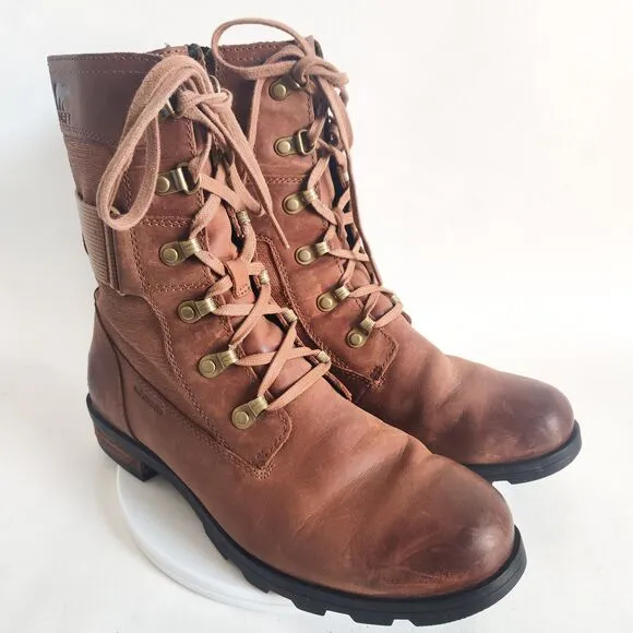 Sorel Emilie Conquest Lace Up Combat Boots Velvet Tan Leather 3720-242 Size 8.5