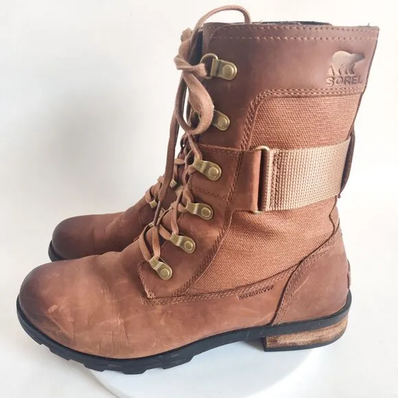 Sorel Emilie Conquest Lace Up Combat Boots Velvet Tan Leather 3720-242 Size 8.5