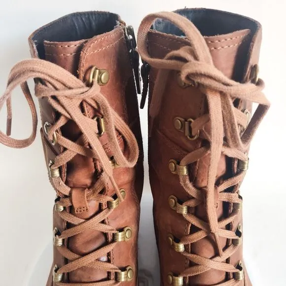 Sorel Emilie Conquest Lace Up Combat Boots Velvet Tan Leather 3720-242 Size 8.5