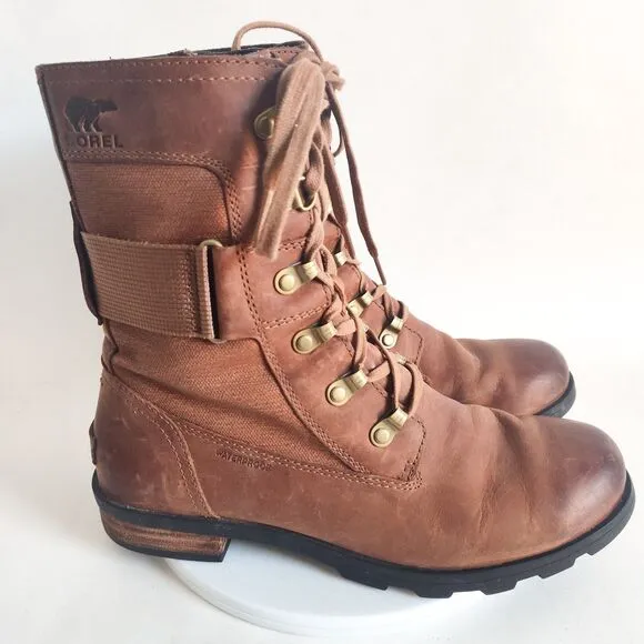 Sorel Emilie Conquest Lace Up Combat Boots Velvet Tan Leather 3720-242 Size 8.5