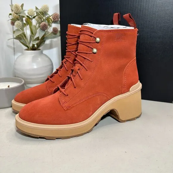 Sorel Hi-Line Heel Lace Boots Warp Red, Tawny Buff NL4875-849 Women 11 NWB