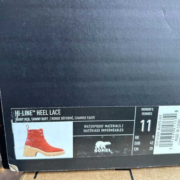 Sorel Hi-Line Heel Lace Boots Warp Red, Tawny Buff NL4875-849 Women 11 NWB