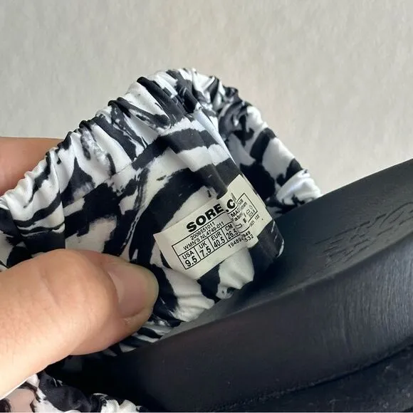 Sorel Slide Sandals Roaming Two Strap Black White TieDye Women’s Platform Sz 9.5