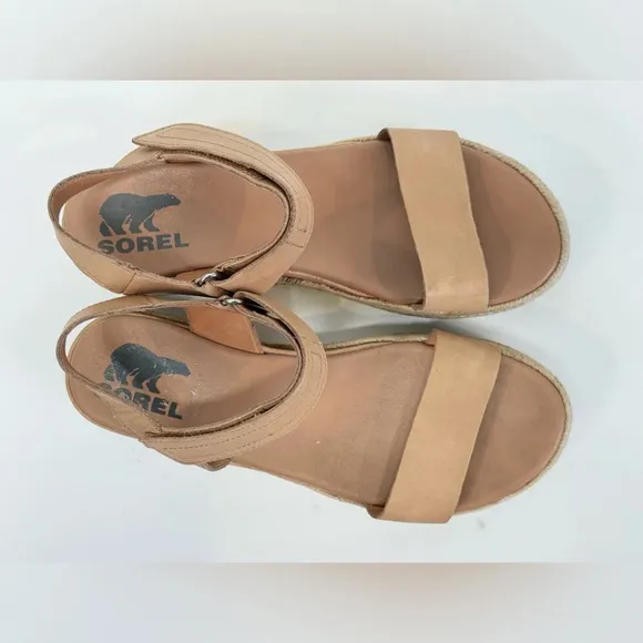 SOREL Tan rattan CAMERON platform Velcro ankle strap sandals size 7.5