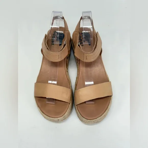 SOREL Tan rattan CAMERON platform Velcro ankle strap sandals size 7.5