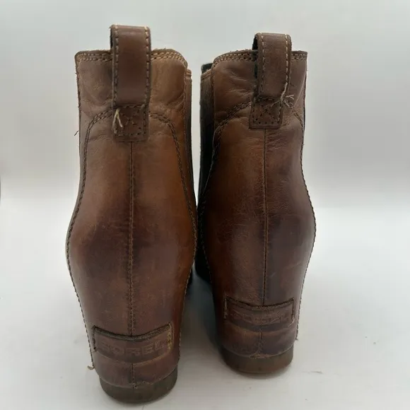 Sorel Women’s Lea Wedge Platform Booties Boots Leather  in Elk Curry Size 7