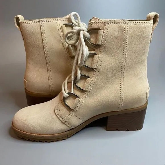 Sorel Cate Lace Ankle Boots Block Heel Natural Tan