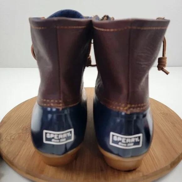 Sperry Duck Boots Saltwater Leather Wedge Brown Blue Zip Women's Shoe Sz US 8.5