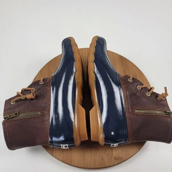 Sperry Duck Boots Saltwater Leather Wedge Brown Blue Zip Women's Shoe Sz US 8.5